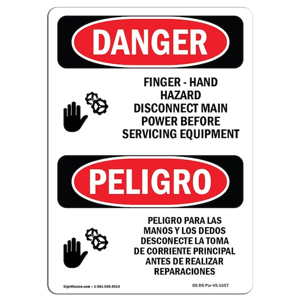 Safety Sign, OSHA Danger, 24" Height, Aluminum, Hand Hazard Bilingual Spanish